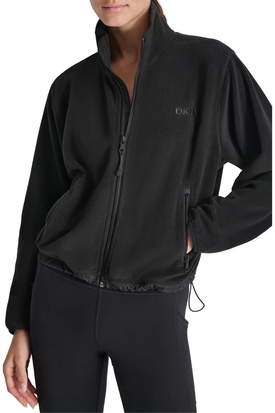 DKNY Womens Small Black Fleece Sweater Jacket Full Zip With Pockets Athletic